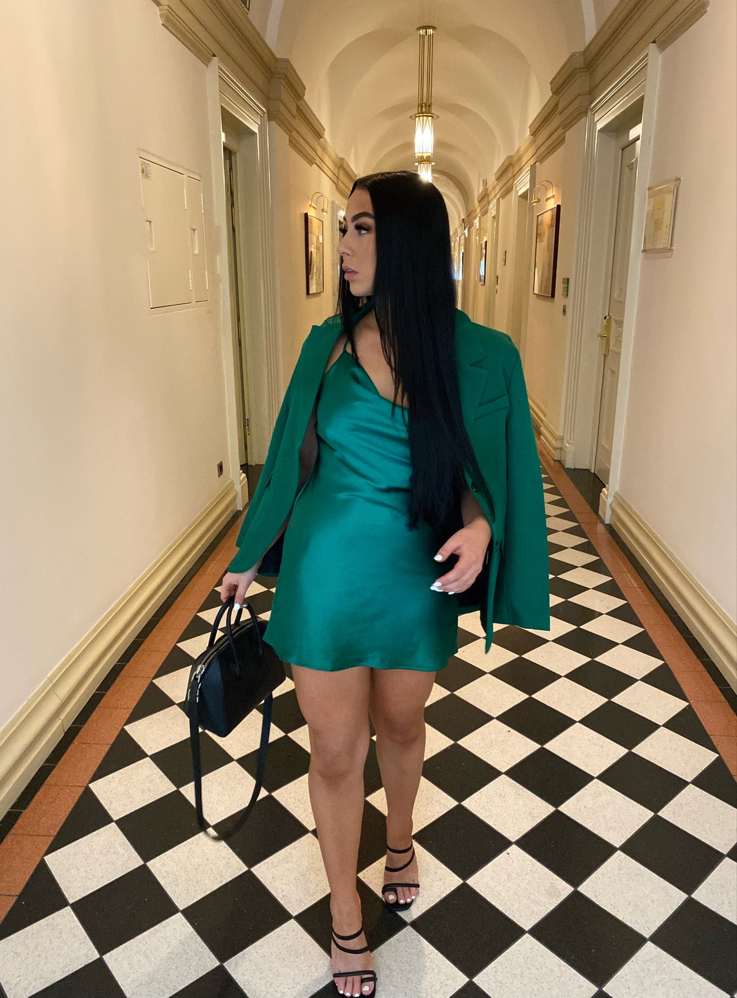 GREEN SATIN CROSS BACK MINI DRESS