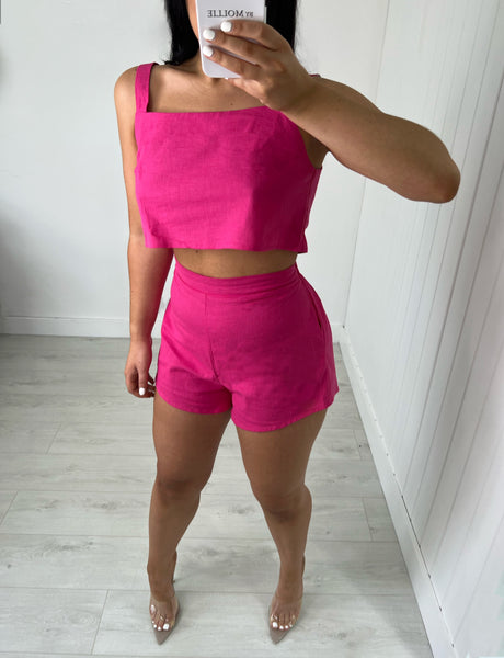 PINK LINEN BLEND CROP TOP AND SHORTS CO-ORD