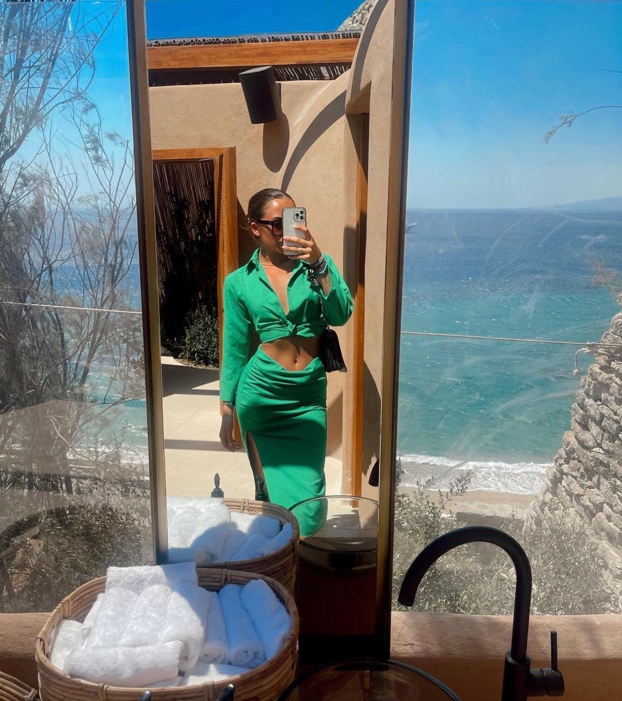 GREEN CROP SHIRT AND SIDE SPLIT MIDI SKIRT CO-ORD