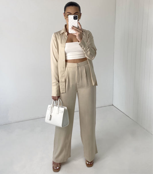 BEIGE SATIN SHIRT AND FLARE TROUSER CO-ORD