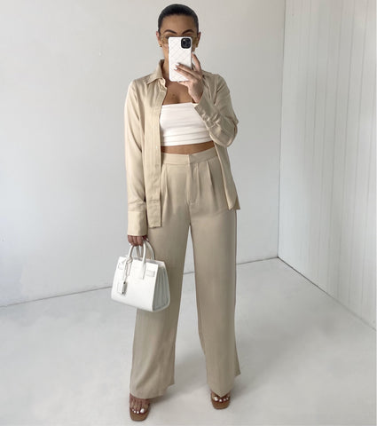 BEIGE SATIN SHIRT AND FLARE TROUSER CO-ORD