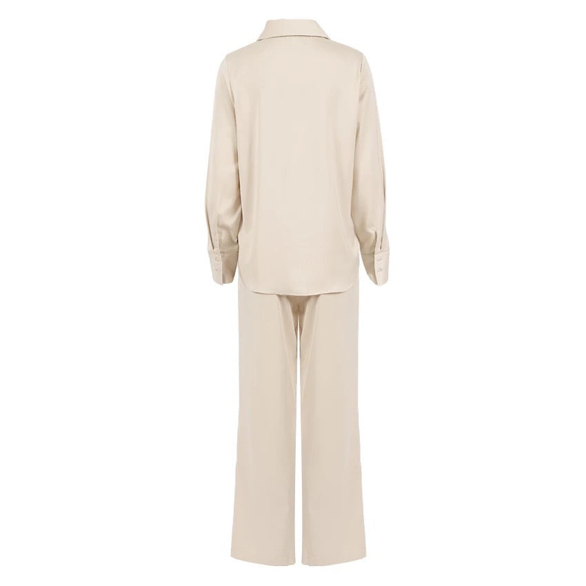 BEIGE SATIN SHIRT AND FLARE TROUSER CO-ORD