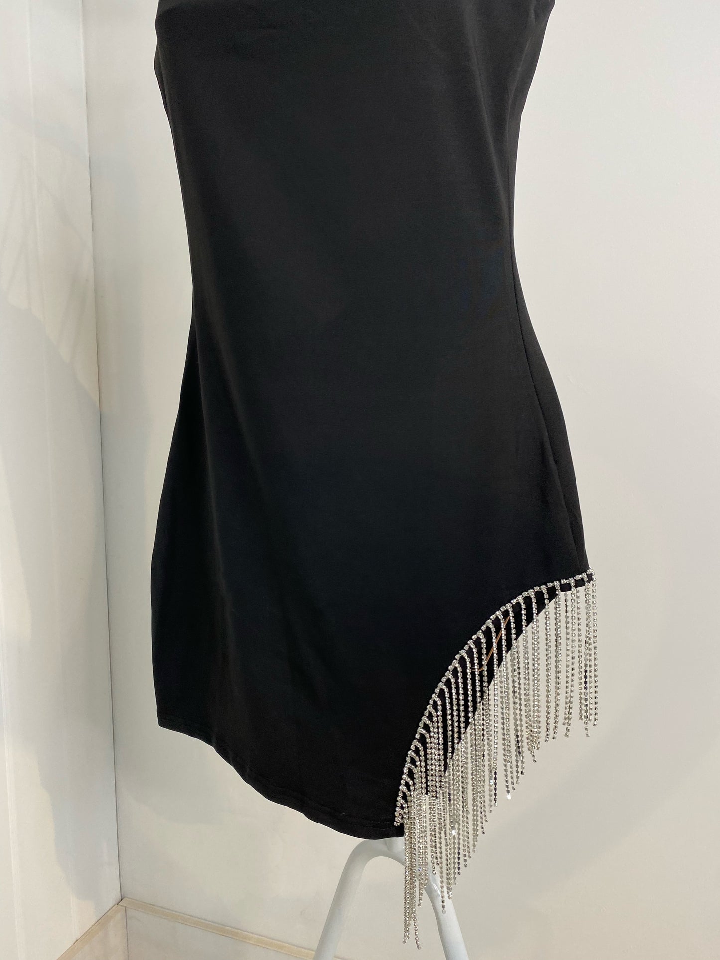 BLACK ASYMMETRIC MINI DRESS WITH DIAMANTÉ HEM