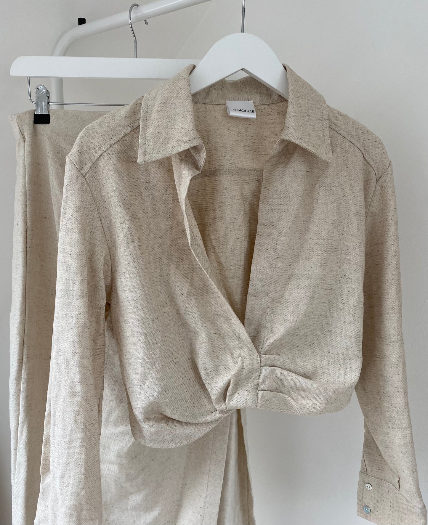 BEIGE LINEN BLEND CROP SHIRT AND SIDE SPLIT MIDI SKIRT CO-ORD