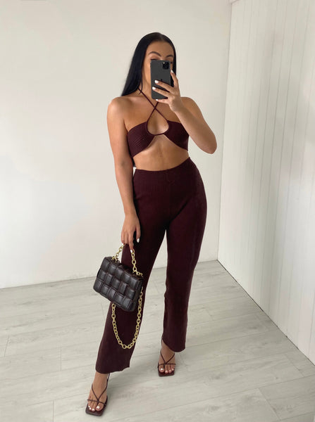 BROWN HALTERNECK CROP AND TROUSER KNIT CO-ORD