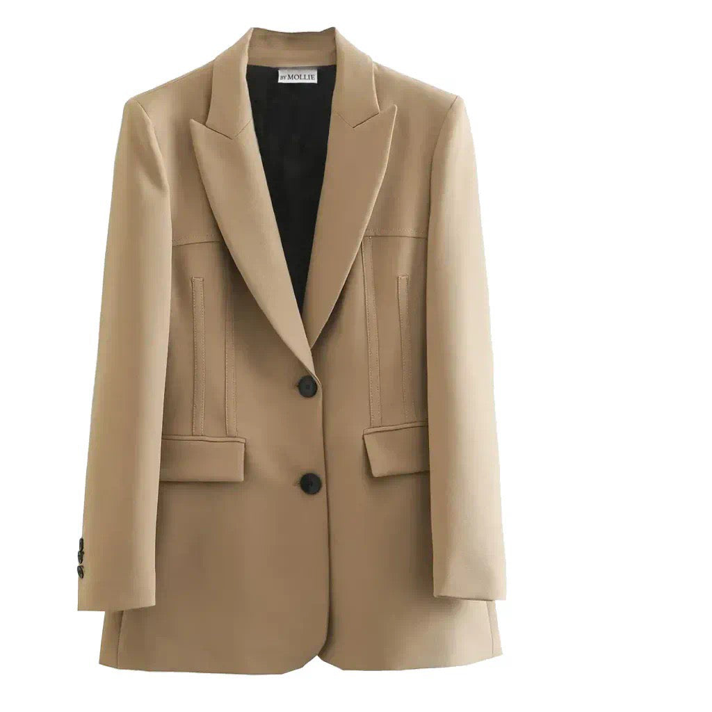 CAMEL FITTED BLAZER AND BELTED MINI SKIRT CO-ORD