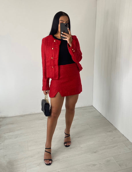 RED TWEED CROP BLAZER AND MINI SKIRT CO-ORD