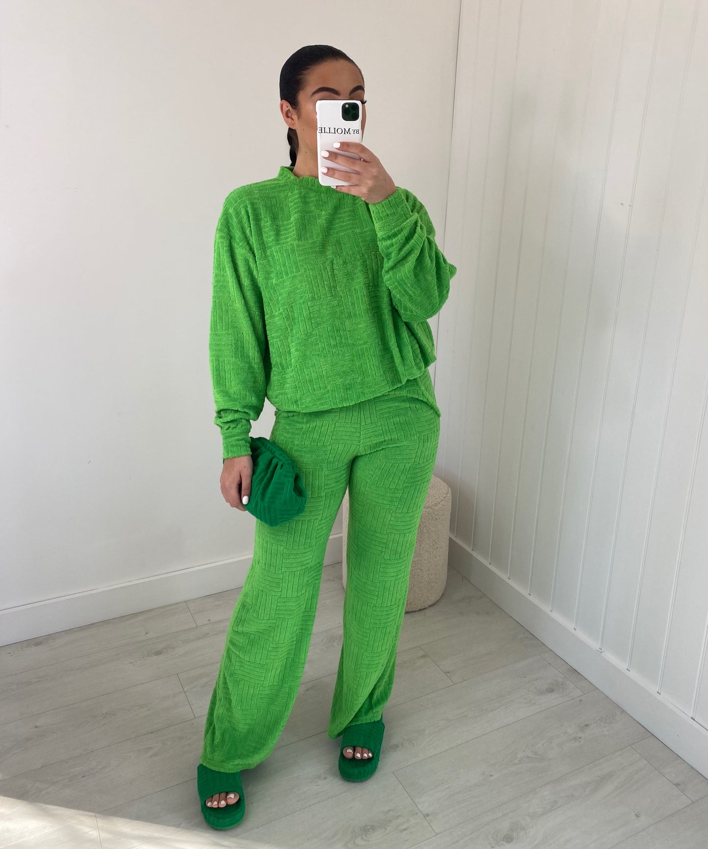 LIME GREEN OVERSIZED TOWELLING SWEATSHIRT AND WIDE LEG TROUSER CO-ORD