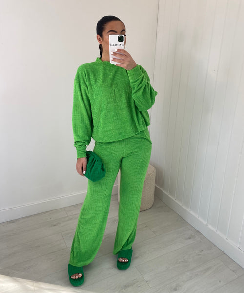 LIME GREEN OVERSIZED TOWELLING SWEATSHIRT AND WIDE LEG TROUSER CO-ORD