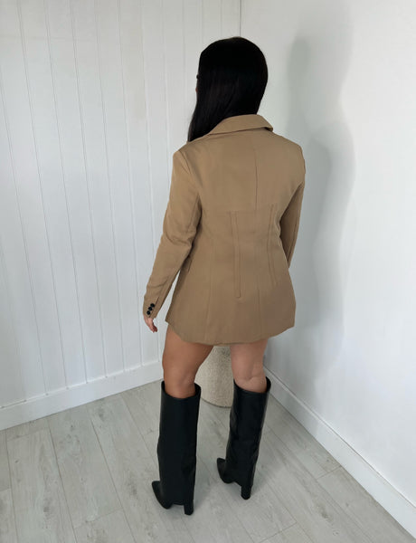 CAMEL FITTED BLAZER AND BELTED MINI SKIRT CO-ORD