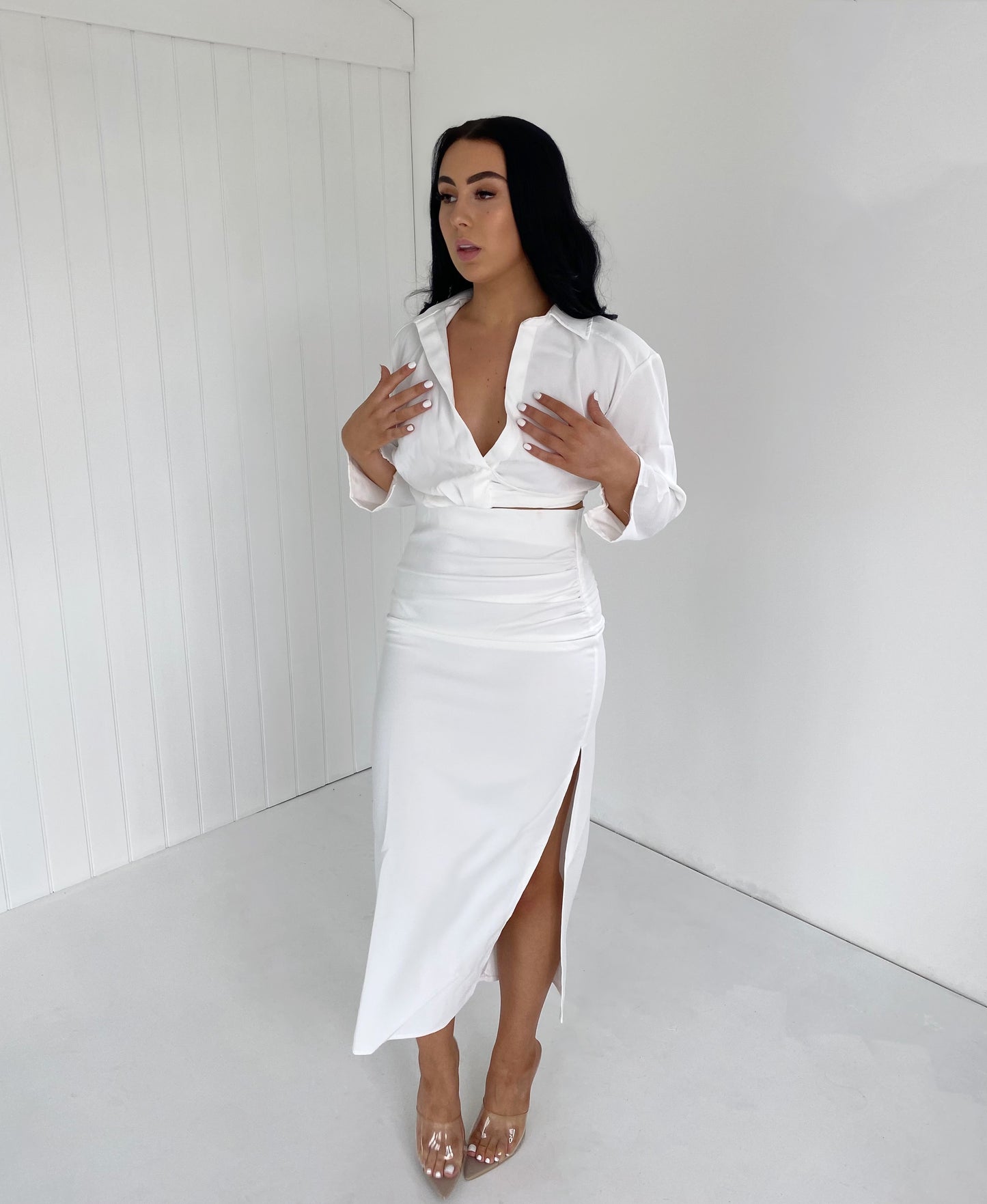 WHITE CROP SHIRT AND SIDE SPLIT MIDI SKIRT CO-ORD