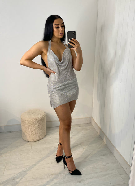 DIAMANTÉ COWL NECK BACKLESS MINI DRESS