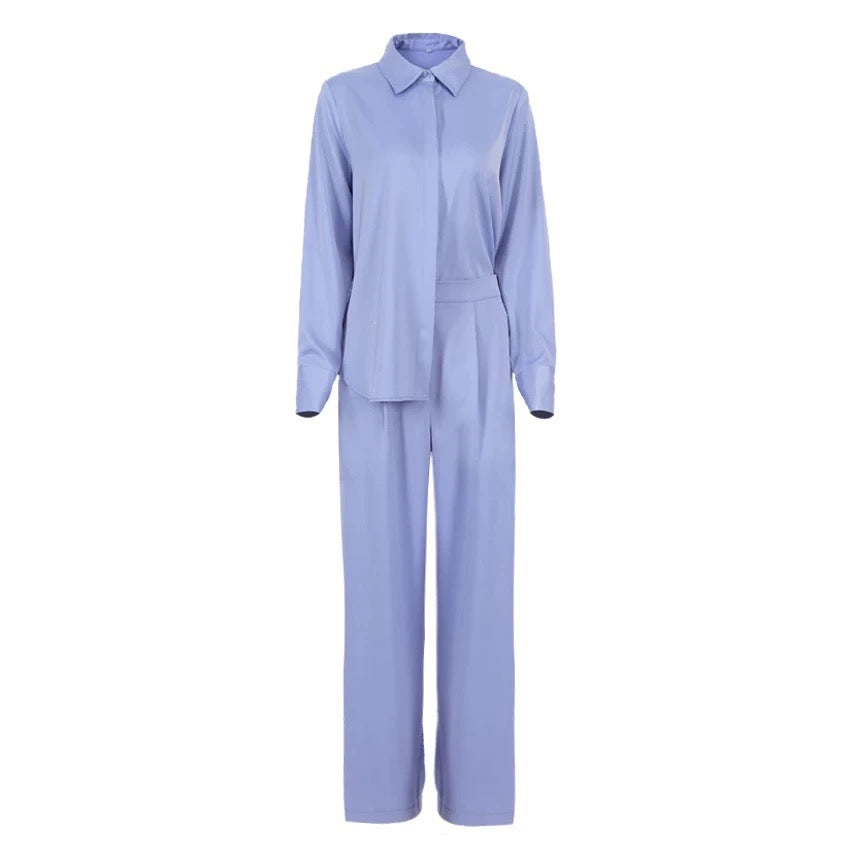 BLUE SATIN SHIRT AND FLARE TROUSER CO-ORD
