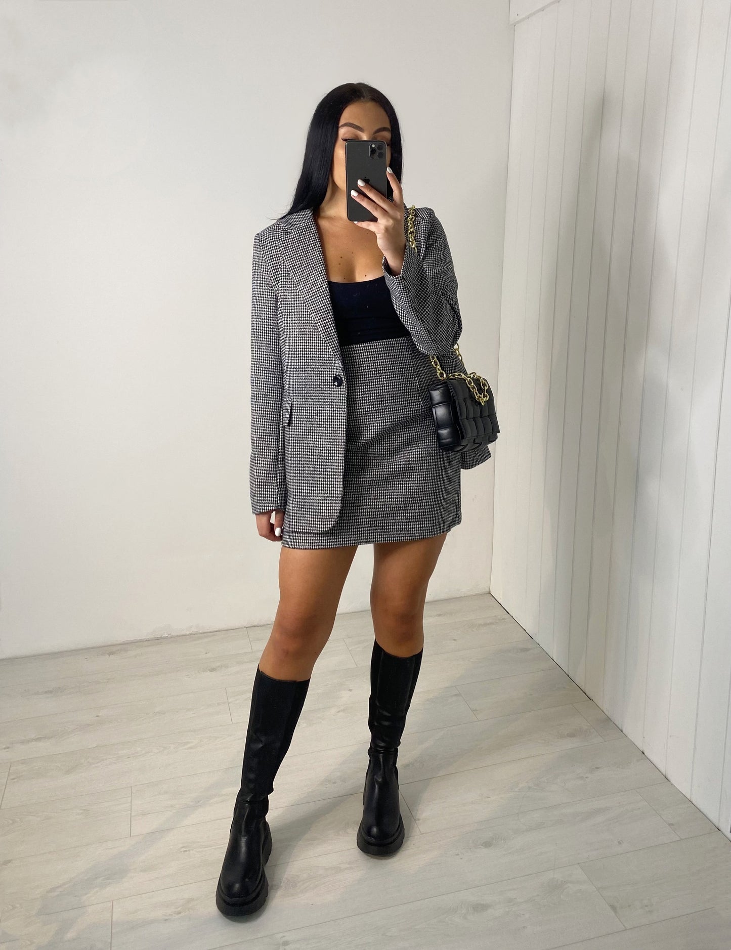 MONOCHROME GINGHAM BLAZER AND MINI SKIRT CO-ORD