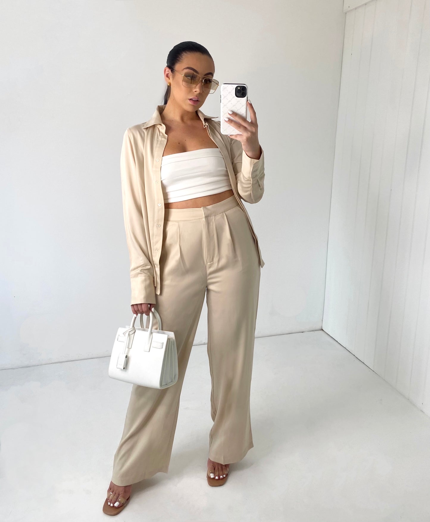 BEIGE SATIN SHIRT AND FLARE TROUSER CO-ORD