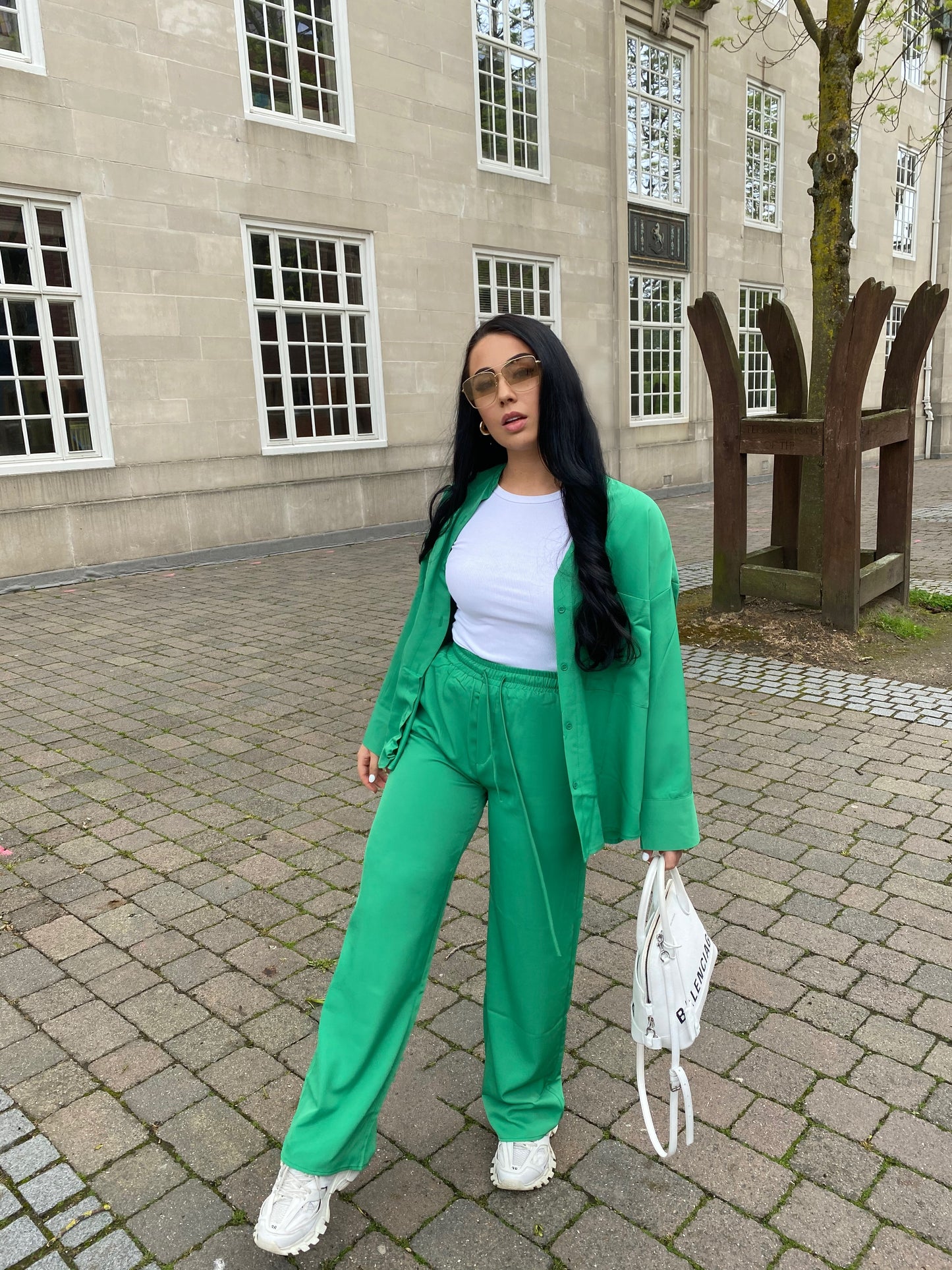 GREEN SATIN OVERSIZED SHIRT AND TROUSER CO-ORD
