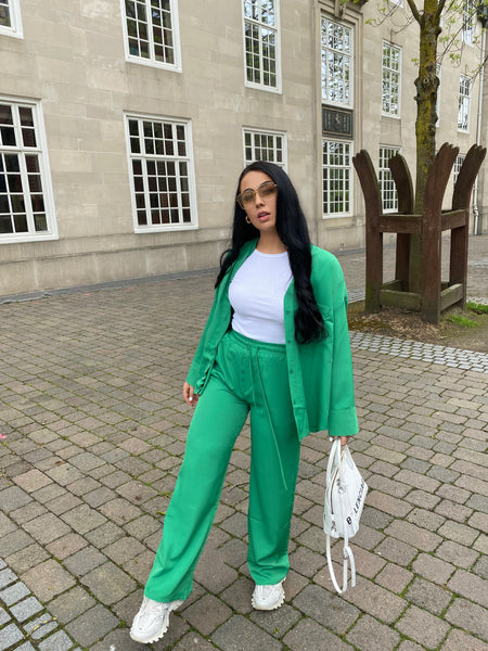 GREEN SATIN OVERSIZED SHIRT AND TROUSER CO-ORD