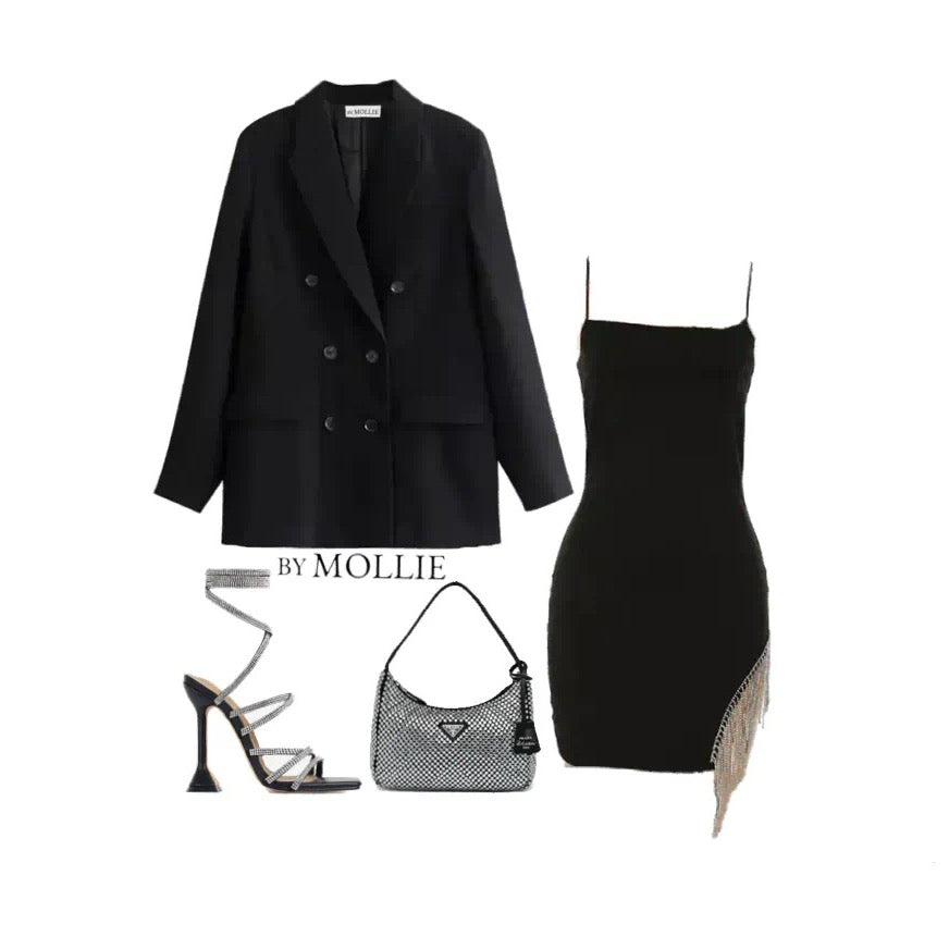 BLACK ASYMMETRIC MINI DRESS WITH DIAMANTÉ HEM