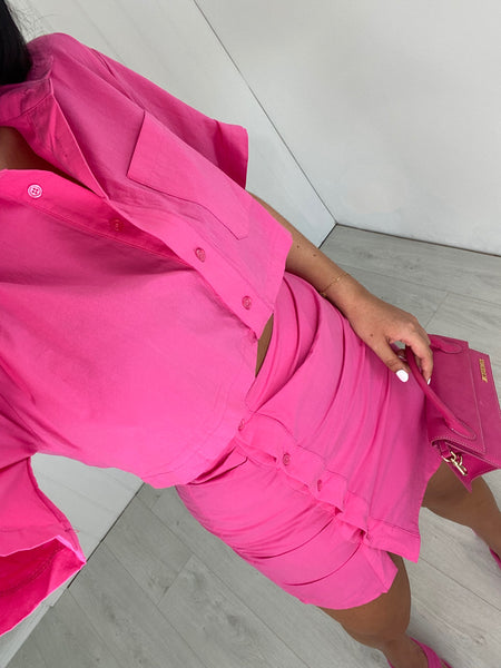 PINK CUT OUT SHORT SLEEVE RUCHED SHIRT DRESS