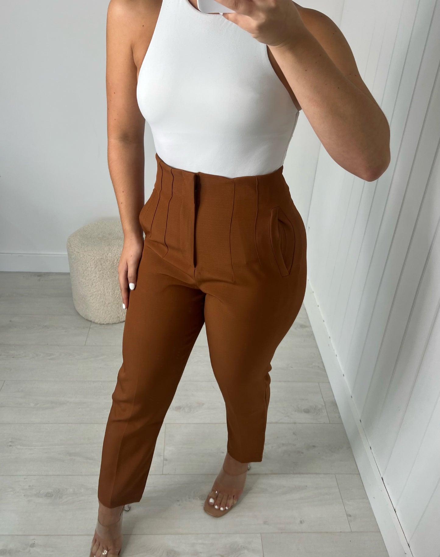 BROWN DARTED HIGH WAIST TROUSERS