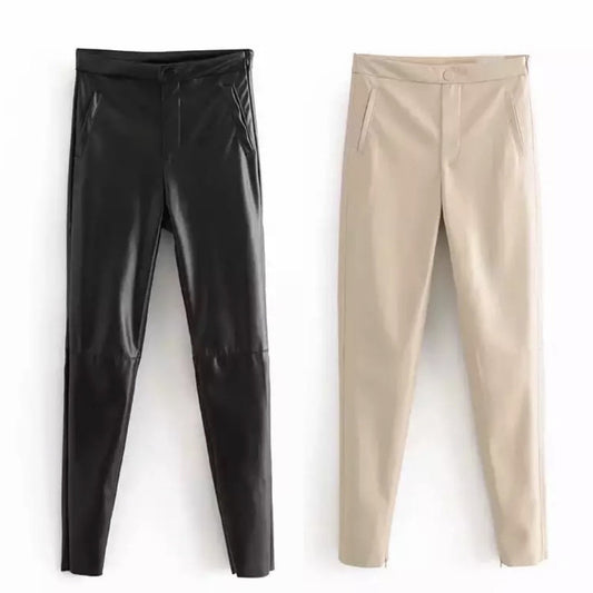 HIGH WAIST BUTTON DETAIL VEGAN LEATHER LEGGINGS