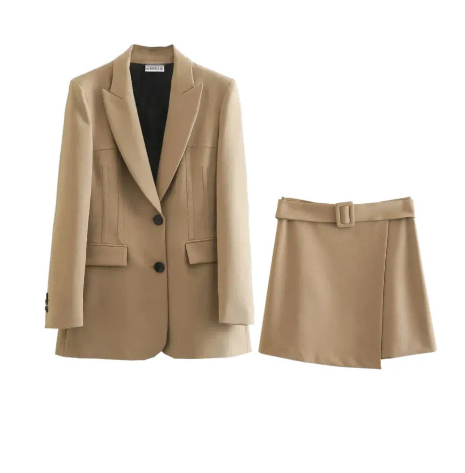 CAMEL FITTED BLAZER AND BELTED MINI SKIRT CO-ORD