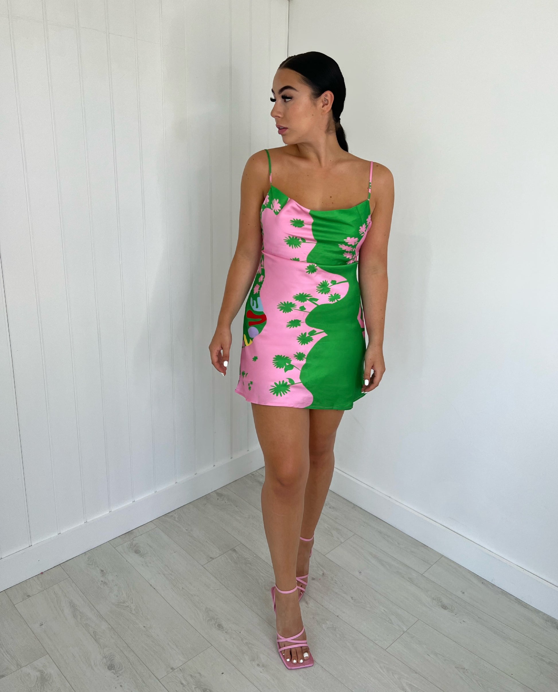 pink and green satin dress Draped Bardot Maxi Dress Green Hot Pink
