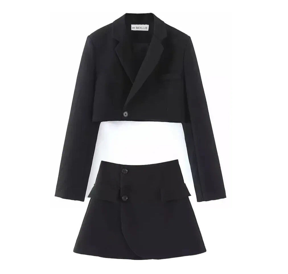 BLACK CROP BLAZER AND MINI SKIRT CO-ORD