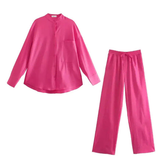 PINK SATIN OVERSIZED SHIRT AND TROUSER CO-ORD