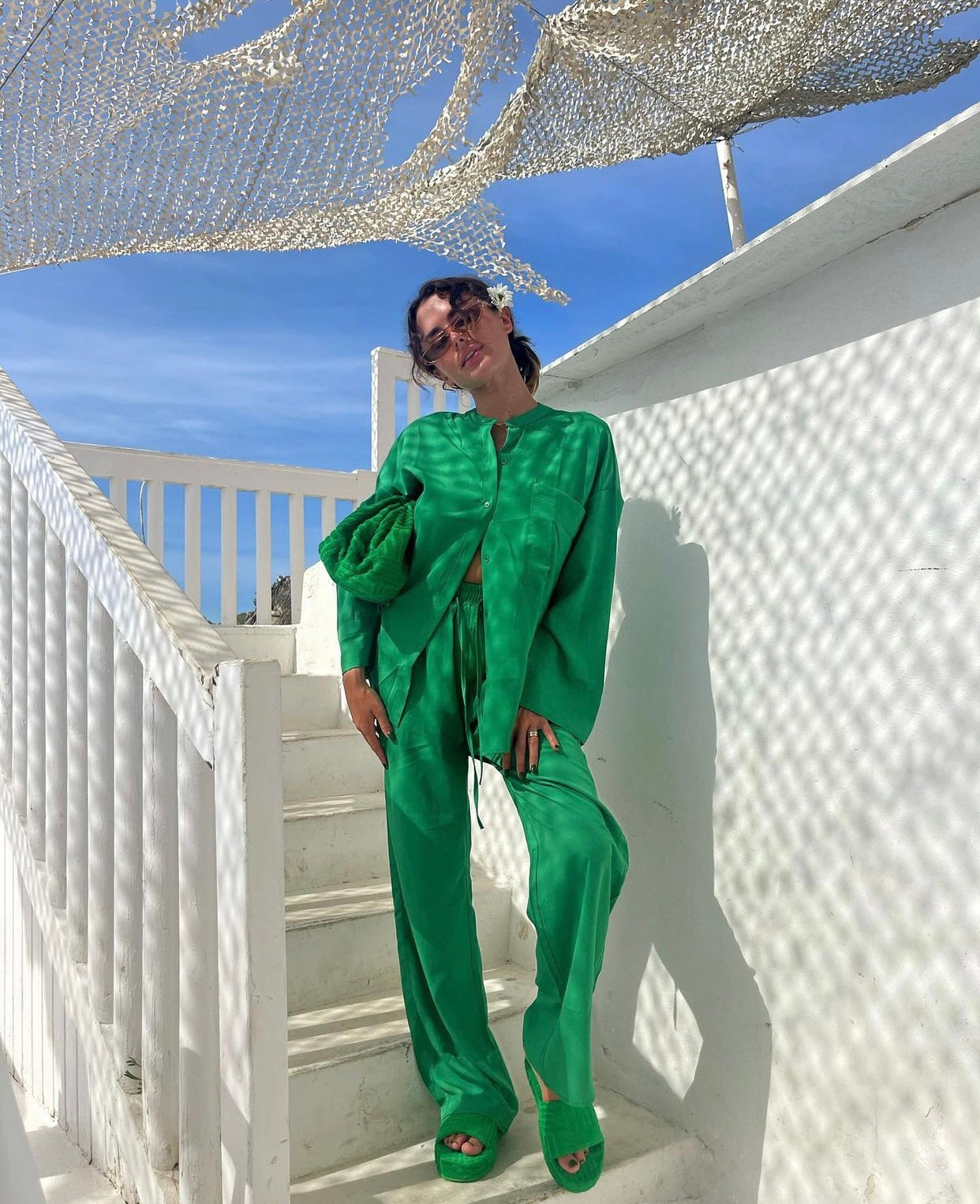 GREEN SATIN OVERSIZED SHIRT AND TROUSER CO-ORD