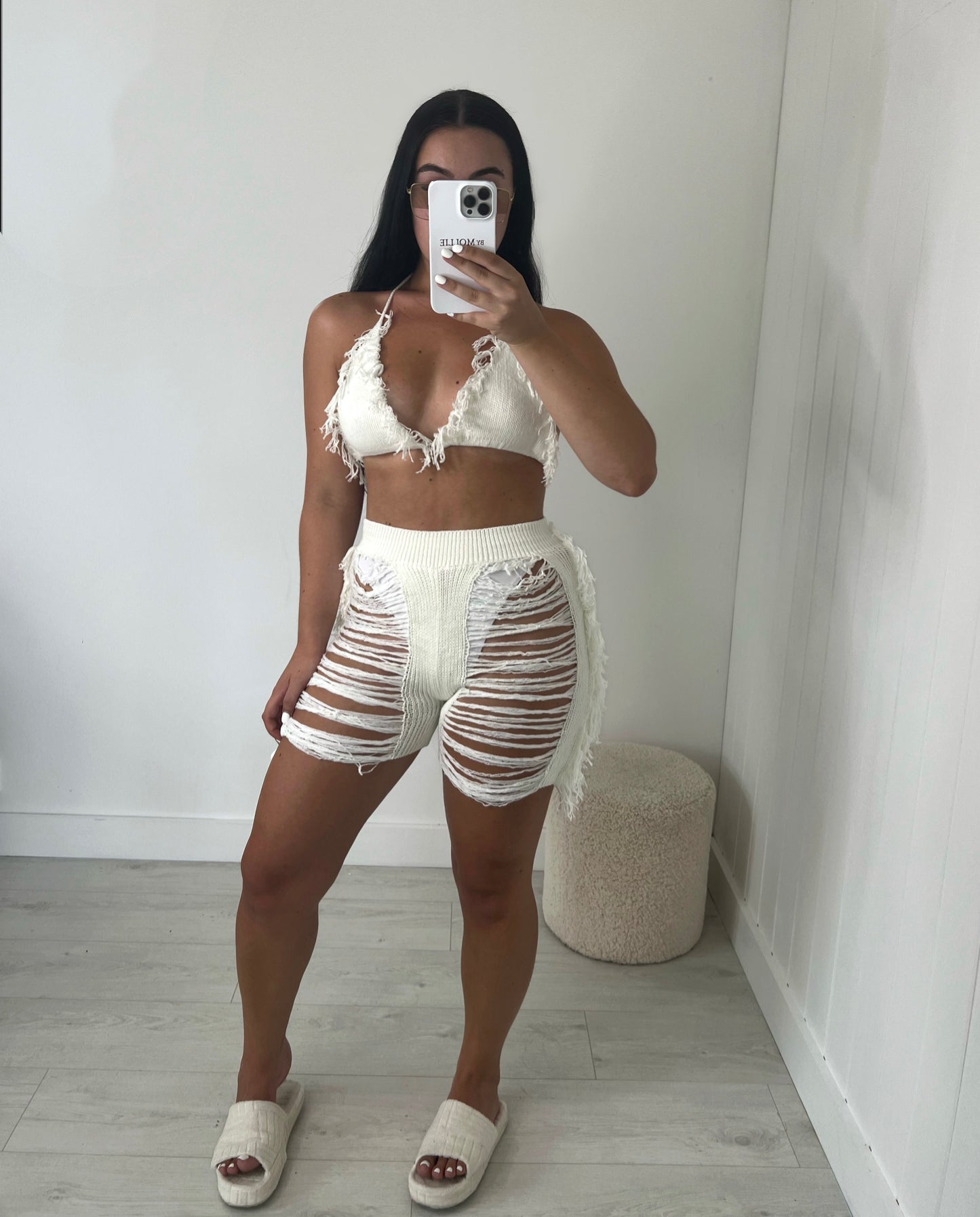 DISTRESSED TASSLE KNIT BRALET AND SHORTS CO-ORD