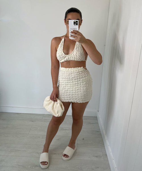 TEXTURED HALTER NECK CROP TOP AND MINI SKIRT CO-ORD