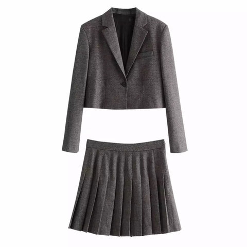 GREY CHECK CROP BLAZER AND PLEATED MINI SKIRT CO-ORD