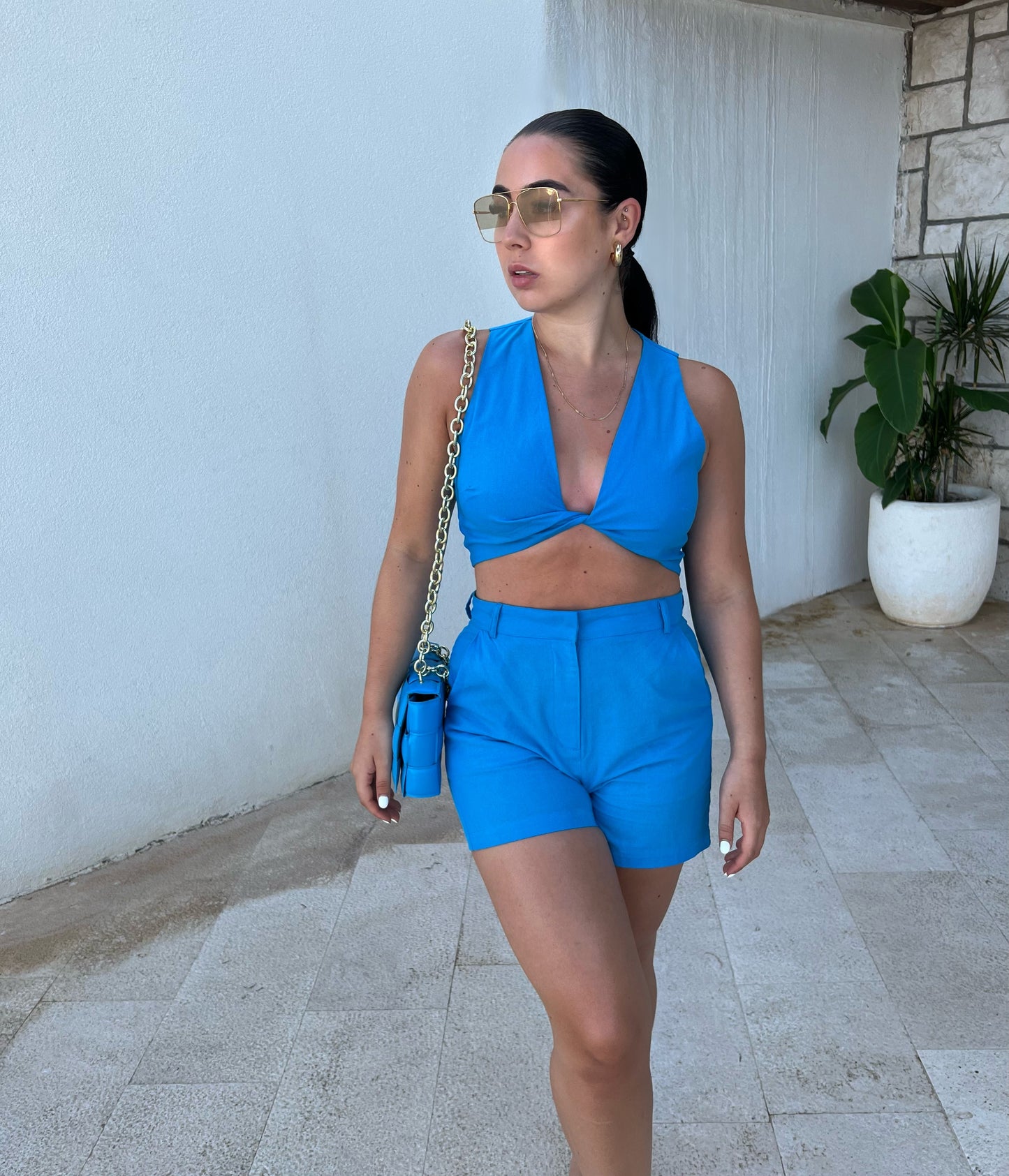 BLUE LINEN BLEND CROP TOP AND SHORTS CO-ORD