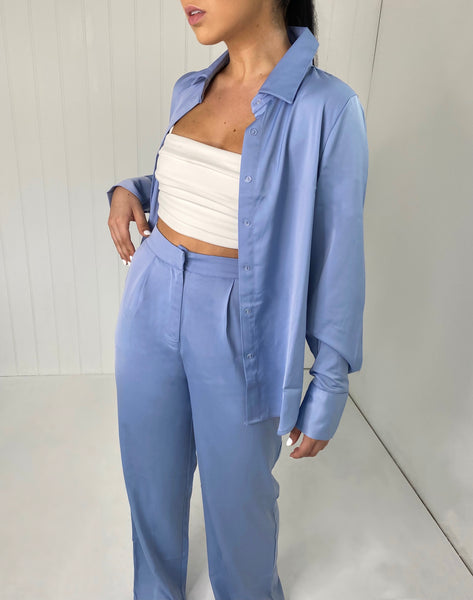 BLUE SATIN SHIRT AND FLARE TROUSER CO-ORD