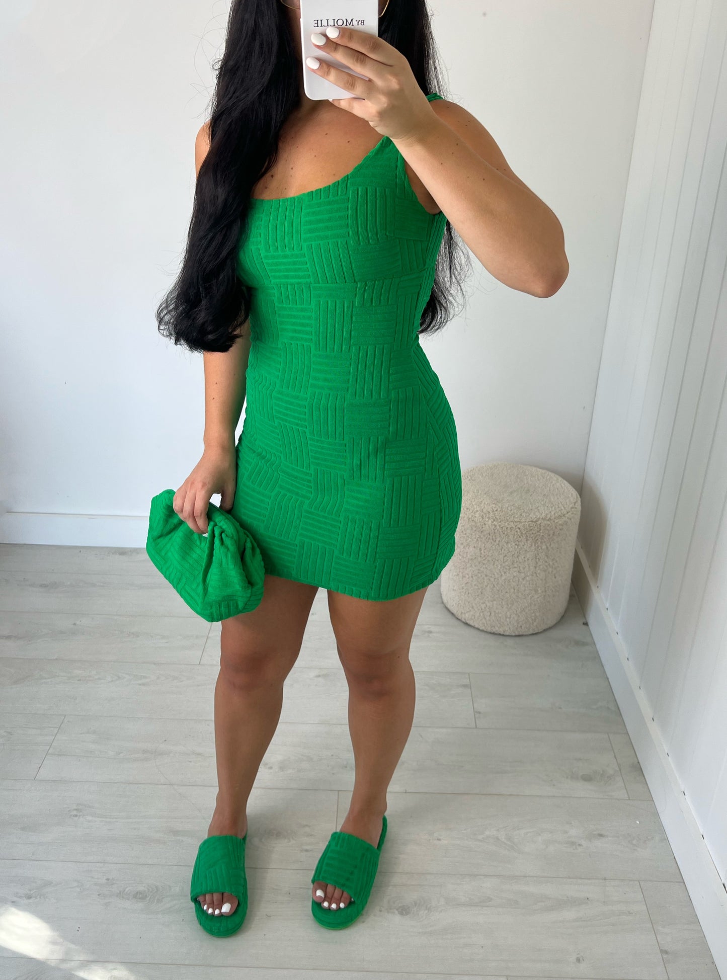 GREEN TOWELLING BACKLESS MINI DRESS