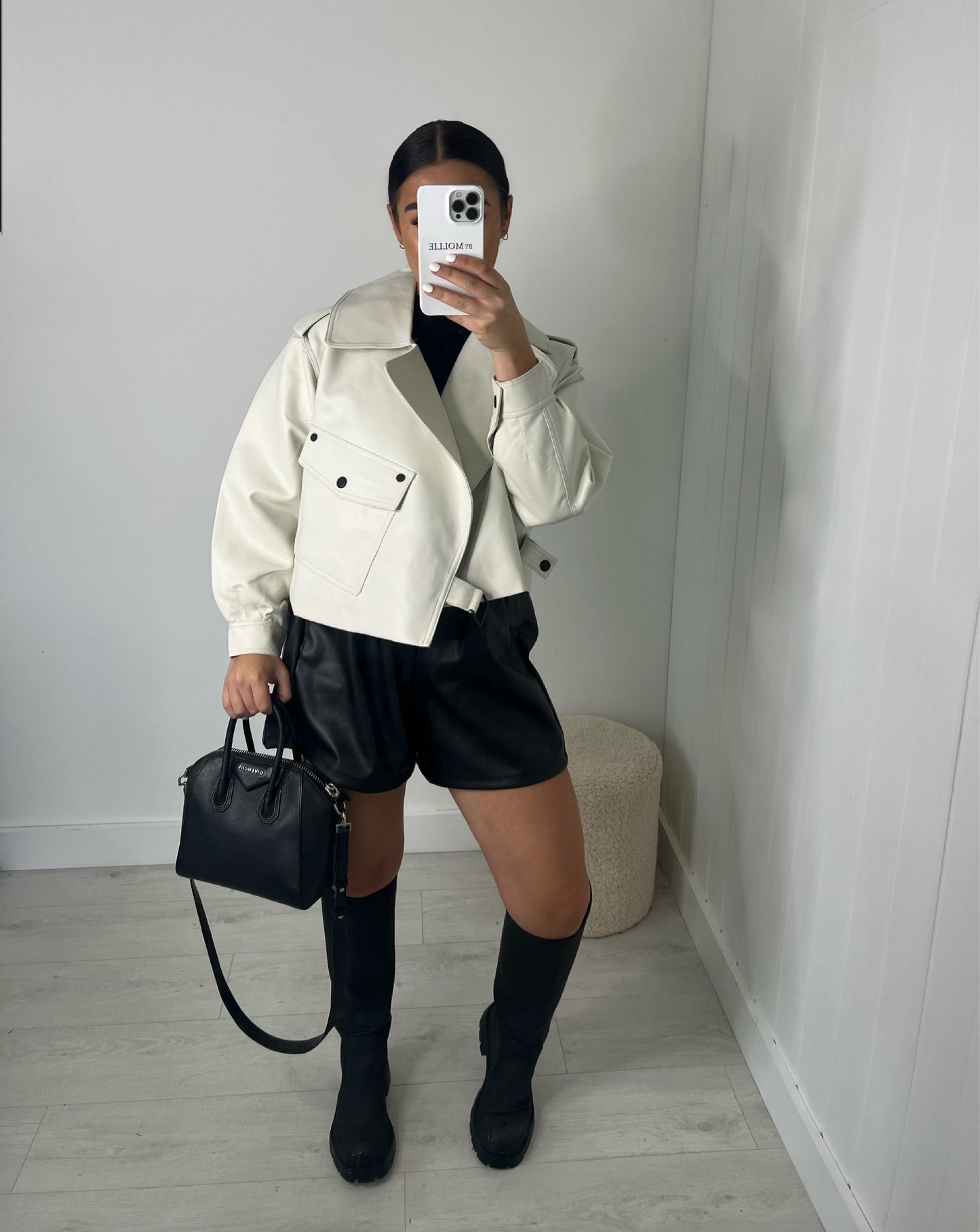 CREAM OVERSIZED VEGAN LEATHER JACKET