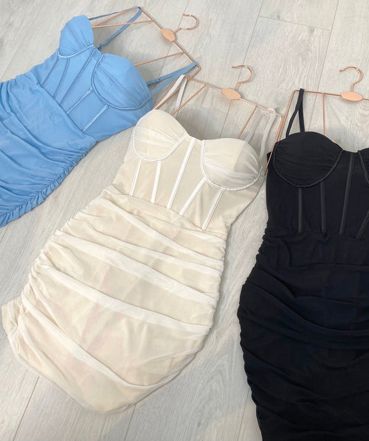 MESH RUCHED BODYCON CORSET MINI DRESS