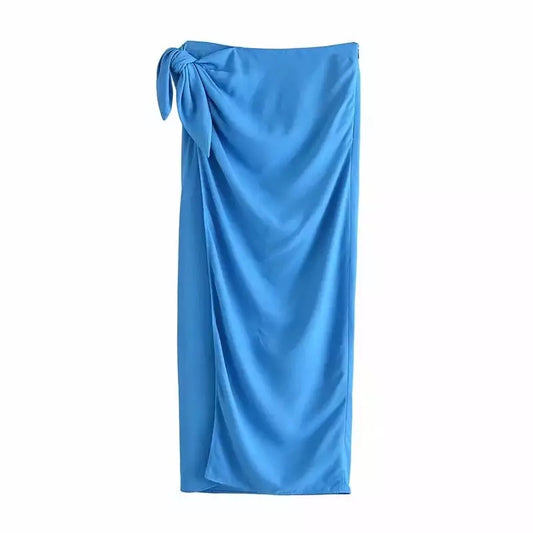 BLUE SIDE KNOT SPLIT MIDI SKIRT