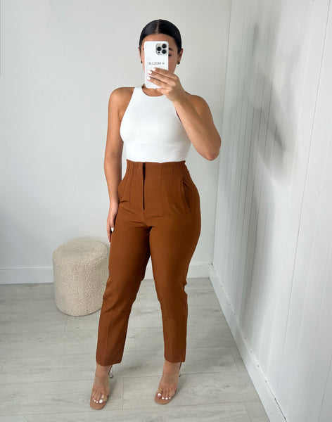 BROWN DARTED HIGH WAIST TROUSERS