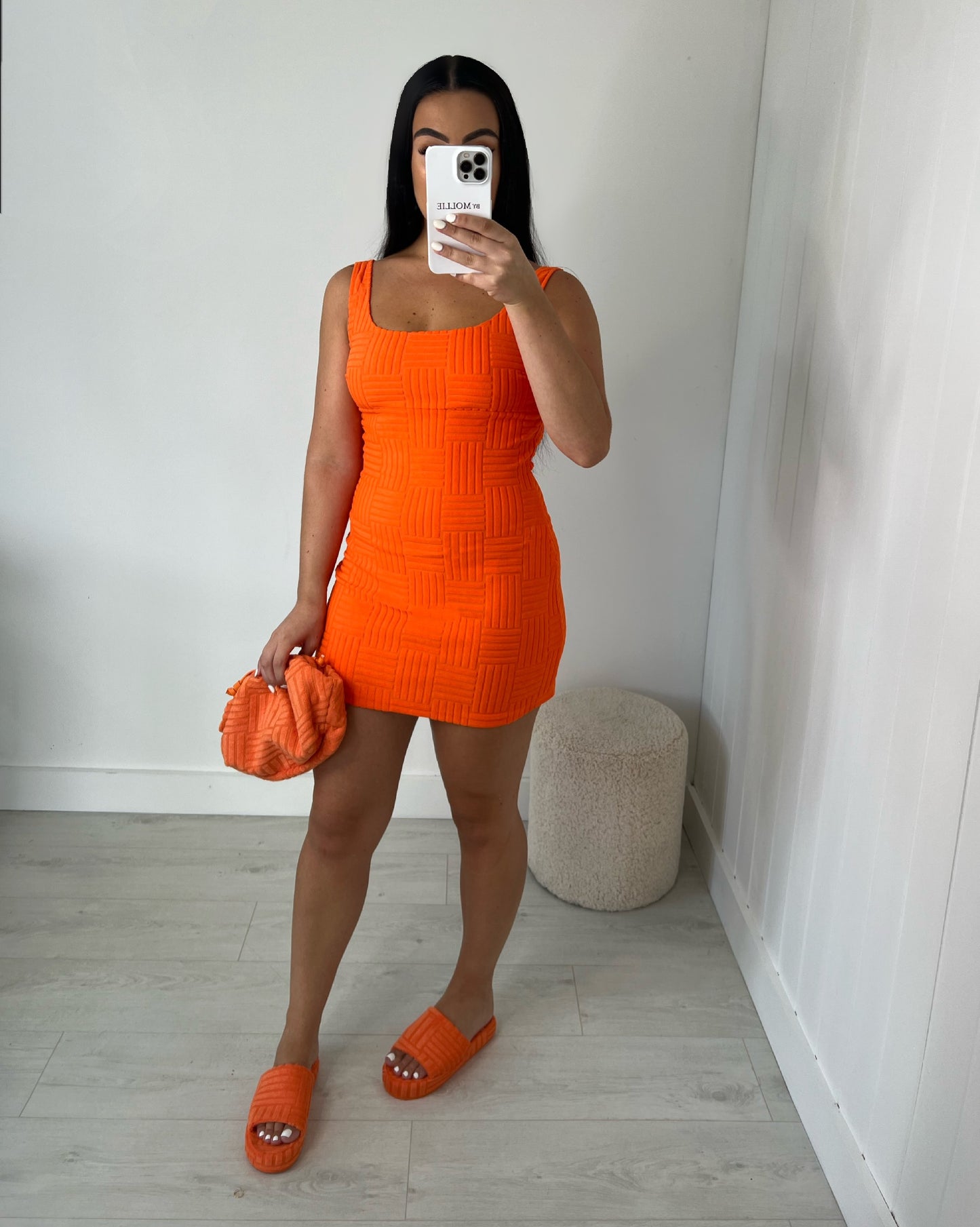 ORANGE TOWELLING BACKLESS MINI DRESS