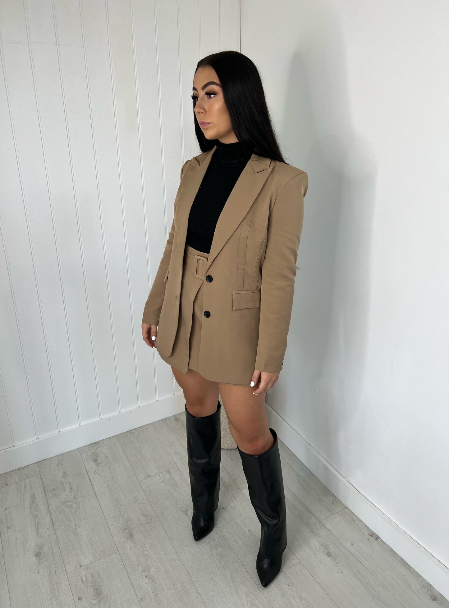 CAMEL FITTED BLAZER AND BELTED MINI SKIRT CO-ORD