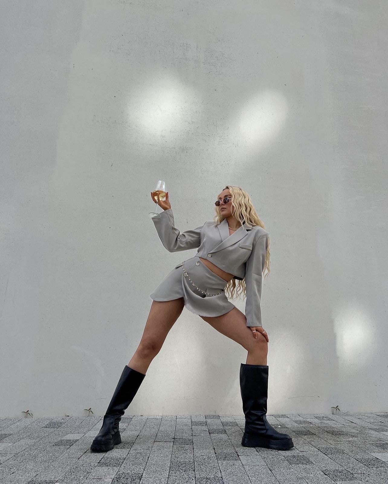 GREY CROP BLAZER AND MINI SKIRT CO-ORD