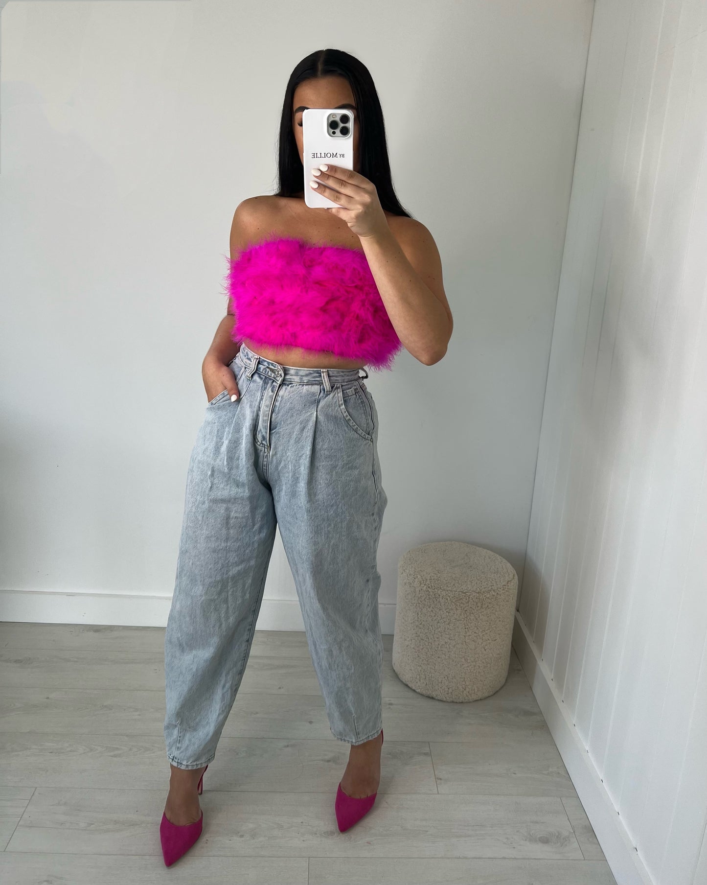 PINK FEATHER BUST BANDEAU CROP TOP