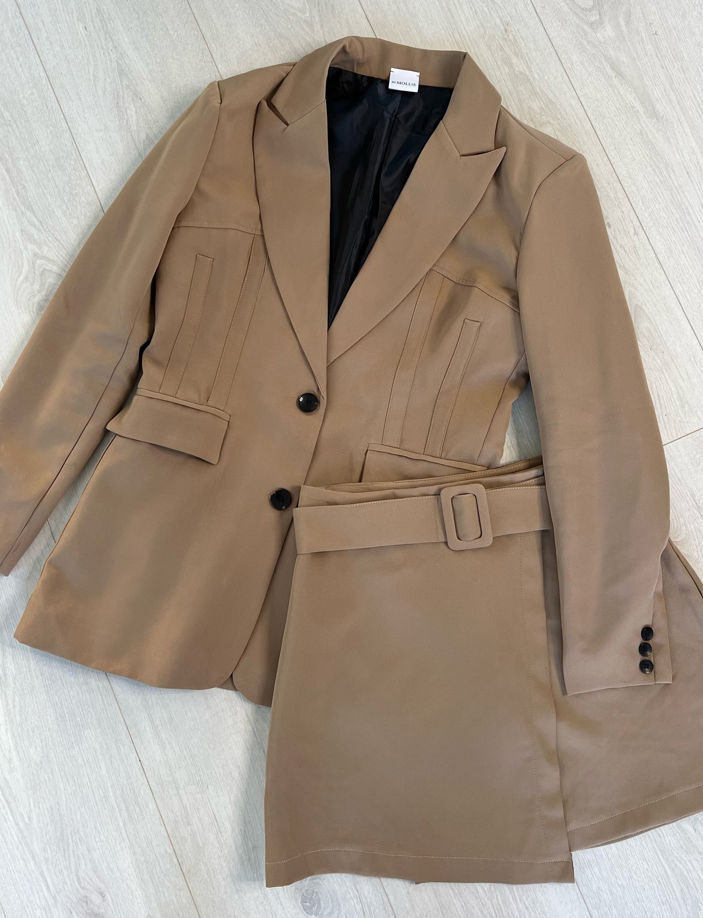 CAMEL FITTED BLAZER AND BELTED MINI SKIRT CO-ORD