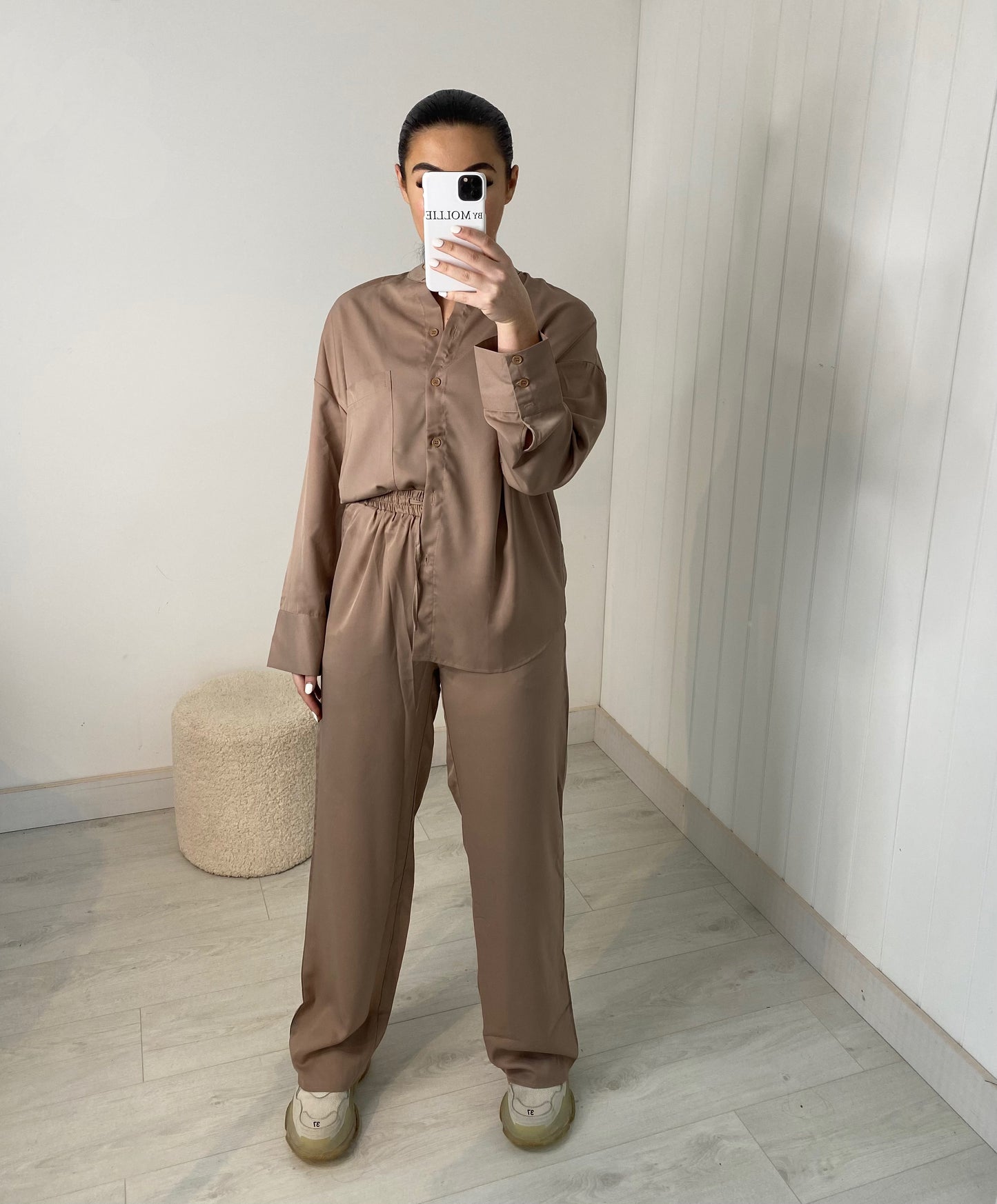 TAUPE SATIN OVERSIZED SHIRT AND TROUSER CO-ORD