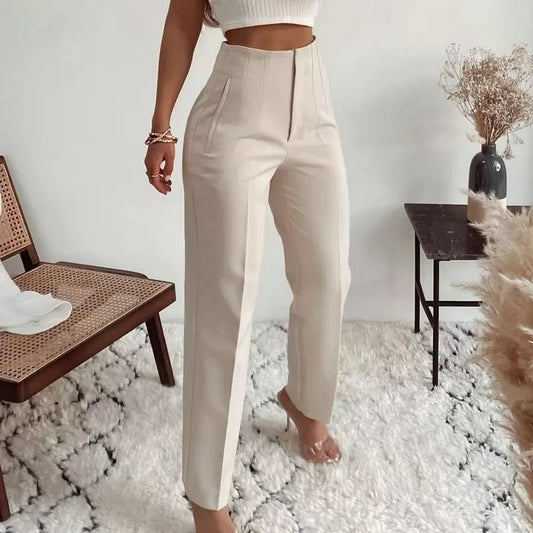 BEIGE DARTED HIGH WAIST TROUSERS