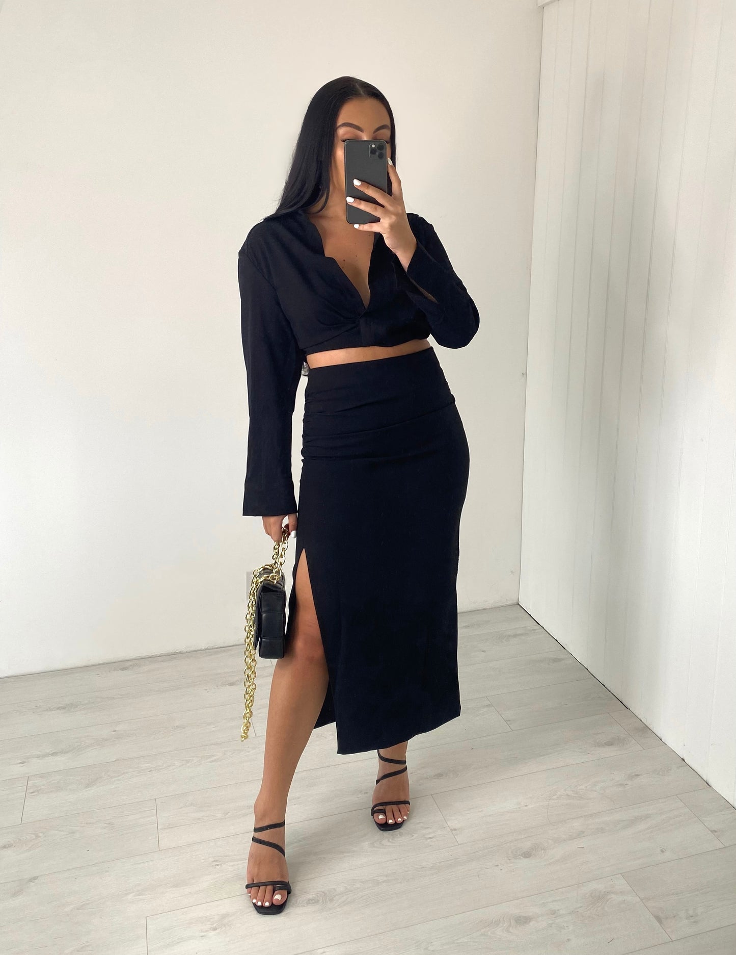 BLACK CROP SHIRT AND SIDE SPLIT MIDI SKIRT CO-ORD