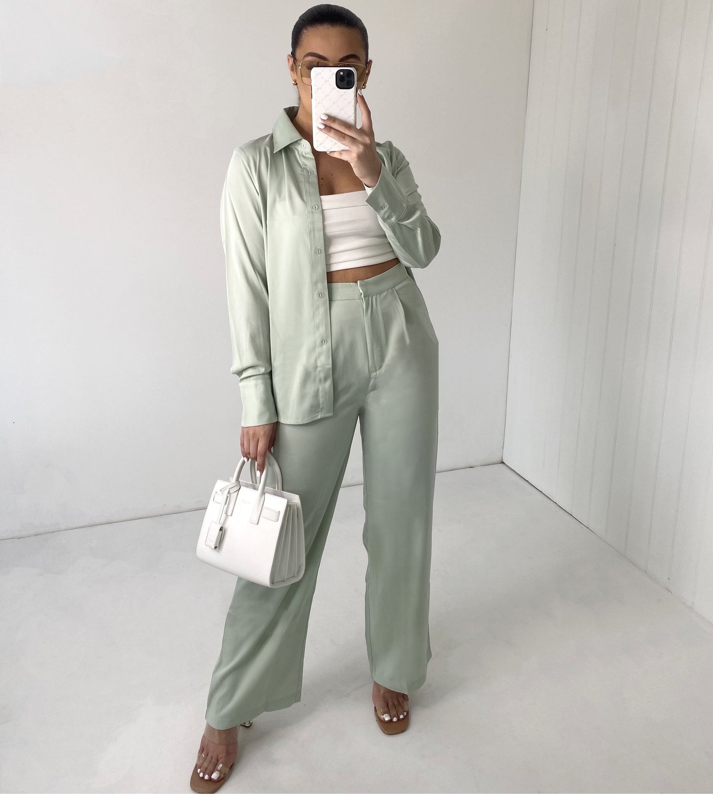 SAGE GREEN SATIN SHIRT AND FLARE TROUSER CO-ORD