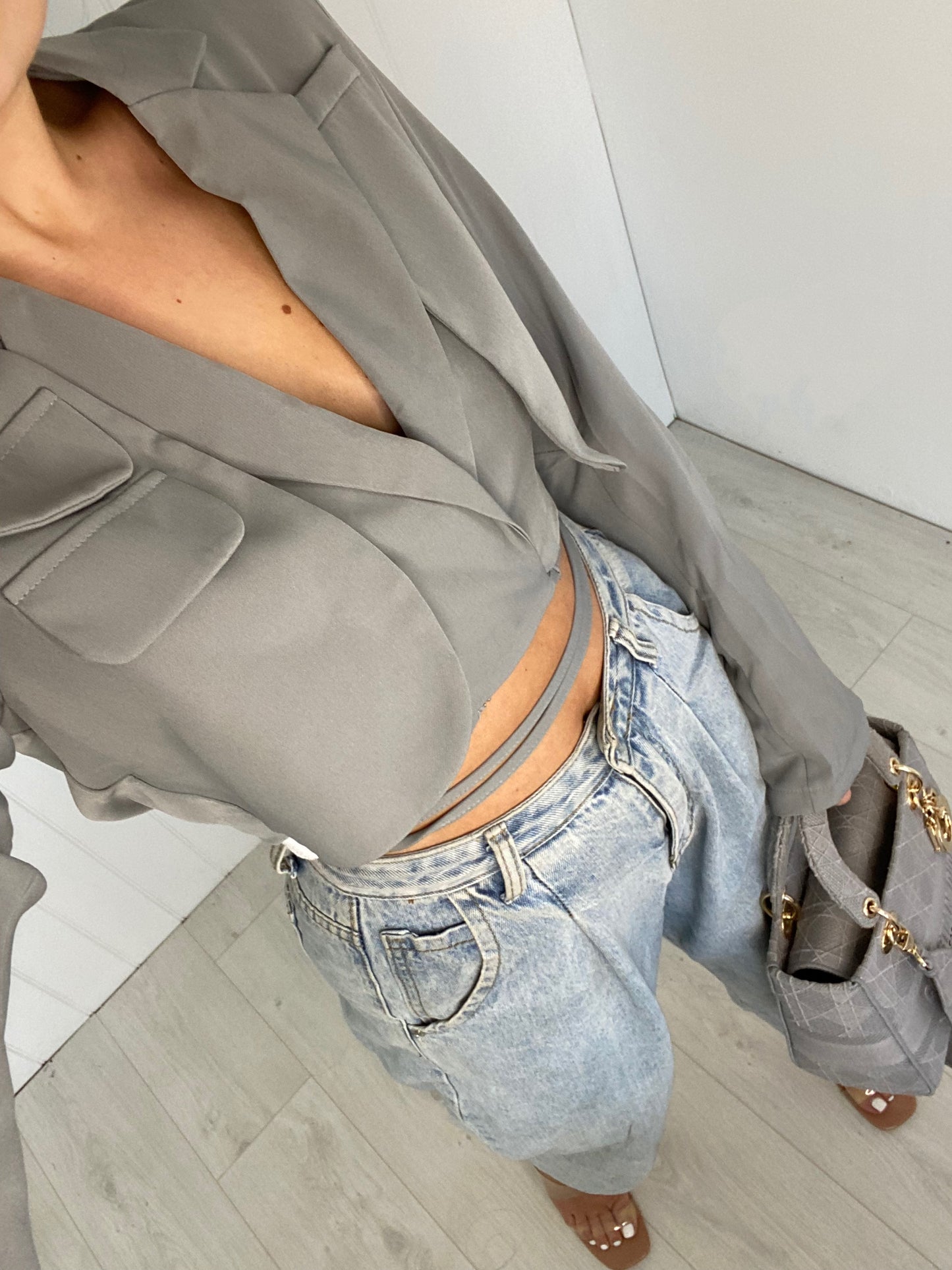 GREY TIE WAIST CROP BLAZER